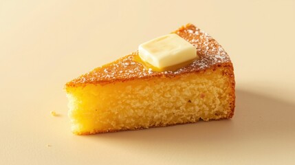 Moist slice of dry butter cake with pat of melting butter and powdered sugar on top served on beige background