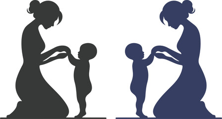 Mother and baby icon set collection with maternity silhouettes, parenting love symbols, pregnancy, childcare, family care moments isolated on white background vector.