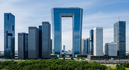 Fototapeta premium A striking blue-glass tower with a large rectangular frame dominates a skyline of contemporary high-rises, set above a lush green tree line under a clear blue sky.