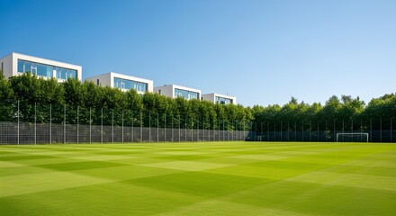 Fototapeta premium A lush green football pitch with neat mowing patterns sits in front of modern white buildings and dense trees under a clear blue sky.