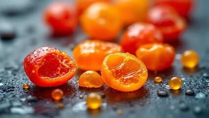 Luminous Cherry Tomatoes Adorned with Dew on a Dark Surface
