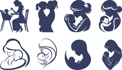 Fototapeta premium Mother and baby icon set collection with maternity silhouettes, parenting love symbols, pregnancy, childcare, family care moments isolated on white background vector.
