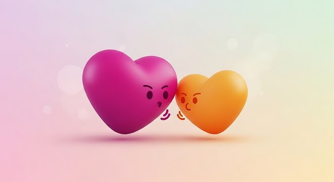 Cartoon hearts embracing each other with love and affection in a soft pastel background
