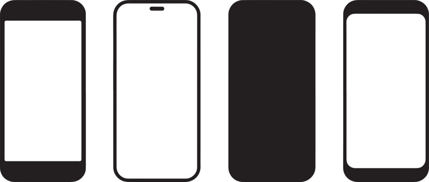 Four sleek mobile phone silhouettes and outlines feature blank white screens ready for graphic insertion, showing diverse aspect ratios and notch placements.