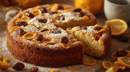 Moist and sweet fruit cake with plump raisins and orange peel sliced and served on a rustic wooden table with a cup and oranges