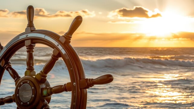 Vintage Ship Steering Wheel Overlooking a Sunset Ocean View.