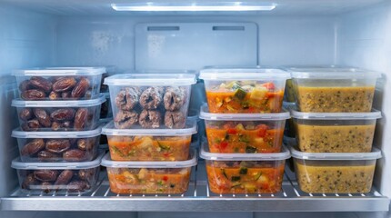 Stack of clear plastic food containers filled with dates, meatballs, stew, and soup, neatly organized on refrigerator shelves.