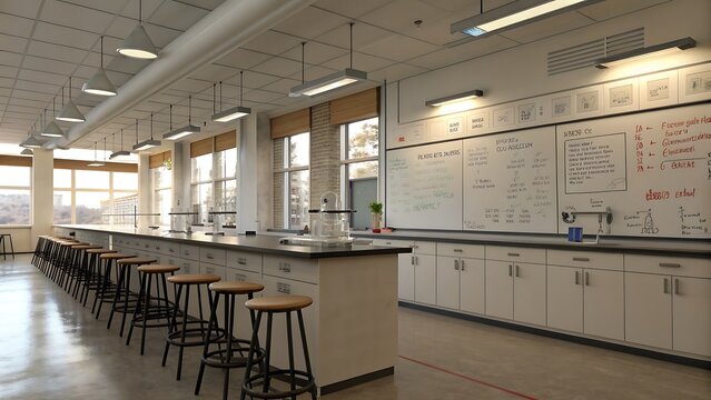 Bright modern science laboratory classroom with stools and whiteboard