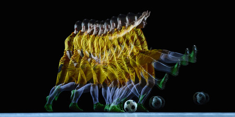Stroboscopic soccer kick motion sequence in dark studio. Concept of movement analysis, sports performance study, dynamic action visualization for training, technology and creative advertising. © master1305