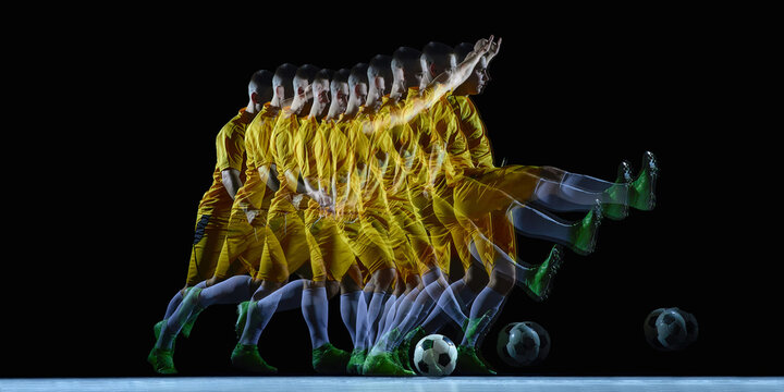 Stroboscopic soccer kick motion sequence in dark studio. Concept of movement analysis, sports performance study, dynamic action visualization for training, technology and creative advertising.