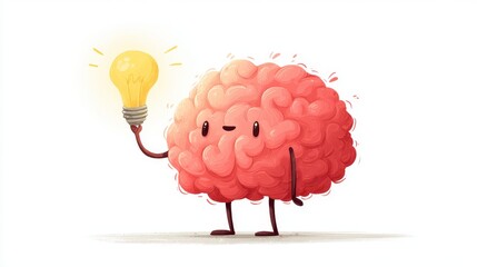 Playful brain mascot with cheerful expression holding glowing bulb, symbolizing creativity, intelligence, and innovative thinking in educational or mental health contexts