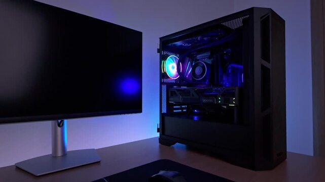 Cinematic pan highlighting stylish gaming pc build, rgb lighting effects, liquid cooled hardware, and clean desktop computer design for immersive gaming setups