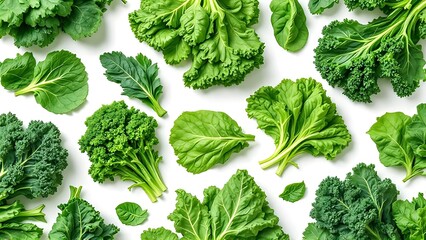 Fresh Green Leafy Vegetables Top View Isolated on White