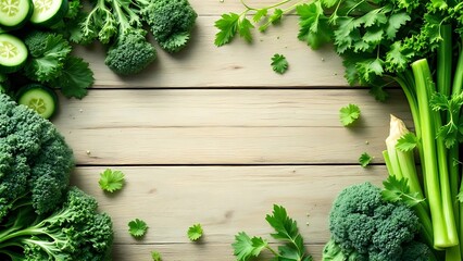 Fresh Green Vegetables Bordering Wooden Background, Top View