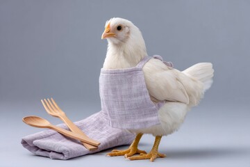 a chicken, wearing an apron and holding utensils, against a light gray background