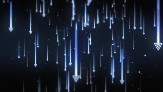 Abstract background with falling glowing arrows on a blue background.