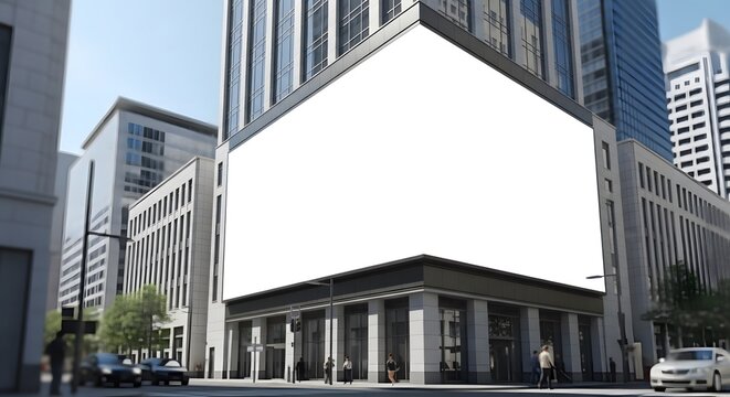 Modern glass office skyscraper on a New York City street under a blue sky