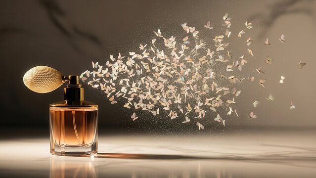 A magical composition of a vintage perfume atomizer spraying a delicate cloud of tiny ethereal butterflies