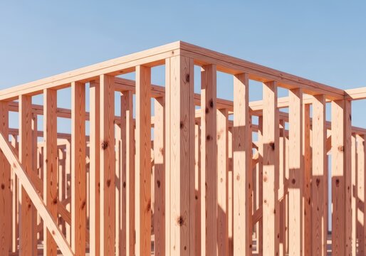 Dimensional lumber studs forming the skeletal structure of a new dwelling under construction, showing raw wood components, wooden, joist, stud