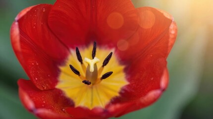 Red tulip blooms in a garden during spring sunlight and shows its vivid inner petals