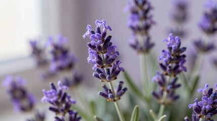 Obraz premium Lavender flowers bloom indoors near a window in the afternoon light