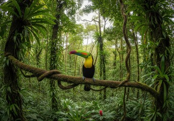 Naklejka premium Vibrant Toucan Perched on Branch Amid Lush Tropical Forest