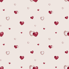 Watercolor bright and light Pink Hearts Seamless Pattern on isolated background. Love symbol hand drawn. Repeat ornament for Valentine's Day festive decor. Design for kids goods, children's room.