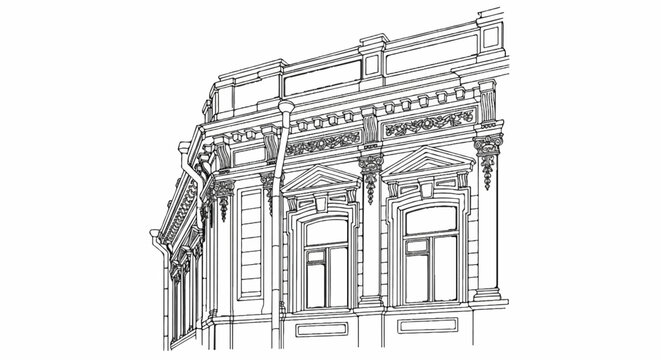 Ornate architectural sketch of a building facade with detailed windows and decorative elements