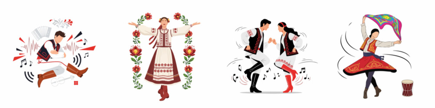 Vector collection of traditional folk dancers and musicians wearing national costumes, celebrating cultural heritage through dance and music performance.