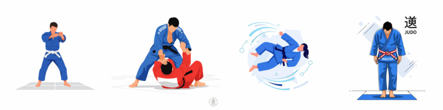 Dynamic Judo illustrations set featuring stance, grappling techniques, throwing actions, and a judo master performing the traditional bowing etiquette.