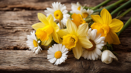 Obraz premium Bright daffodils and daisies on rustic wood surface. Spring floral background for St. David's Day celebration with copy space.