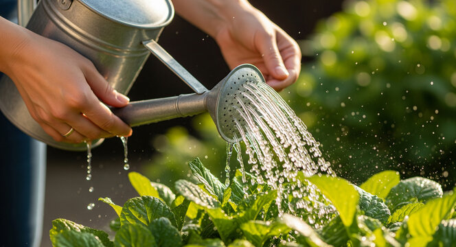 Close-up of hands watering fresh green plants with a watering can, showing a nurturing and growth concept in a garden