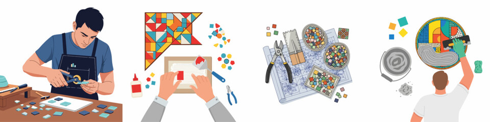 Fototapeta premium Mosaic art process stages: craftsman cutting glass tesserae, arranging colorful tiles, design planning, and final grouting illustration set.