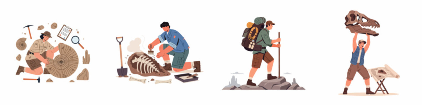 Collection of flat vector illustrations depicting paleontologists excavating dinosaur fossils, explorers hiking, and archaeologists discovering ancient artifacts.
