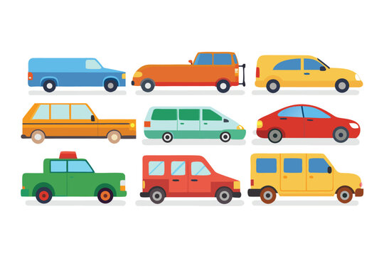 Collection of colorful cartoon cars various vehicles transportation icons