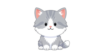 Obraz premium Illustration of a cute gray and white cartoon cat sitting and looking forward with a cheerful expression on a plain white background.