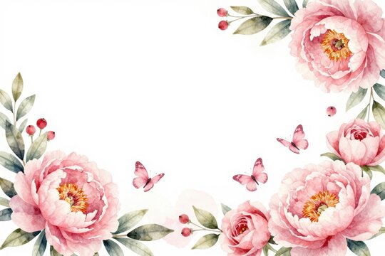 Pink flowers and butterflies surround a blank space in a bright and clear design