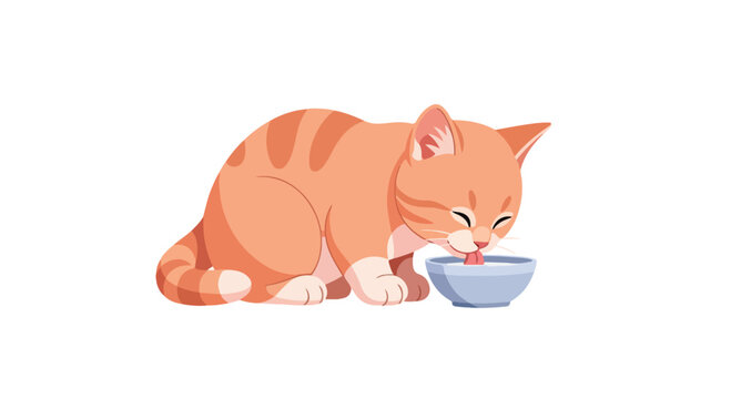 An orange tabby cat drinking from a blue bowl on a white background with a cartoon style and warm color tones.