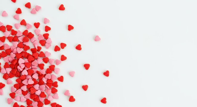 A festive and colorful array of small, red and pink heart shaped sprinkles scattered across a clean, bright white background, pink, sugar, food