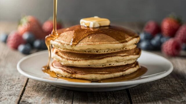 Close-up of a pancake stack topped with butter as maple syrup drips down onto a plate. Fresh berries in the background on a rustic wooden table.