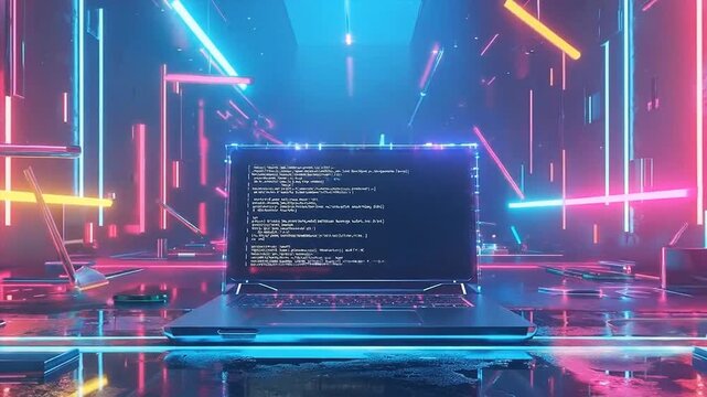 Neon Coding Laptop with Code on Screen in Futuristic Setup.