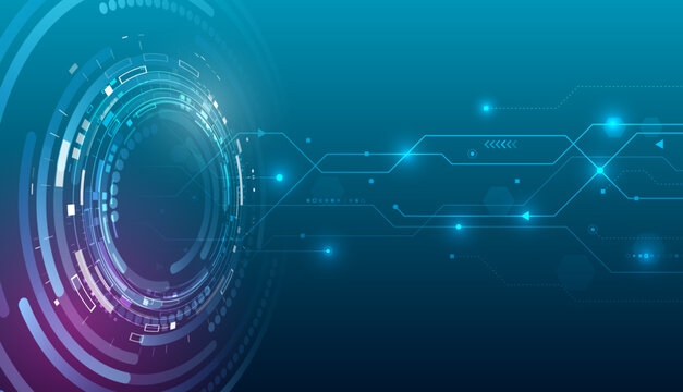 Futuristic technology interface with circular HUD elements and glowing digital lines, representing data processing, innovation, networking, and advanced computing systems.