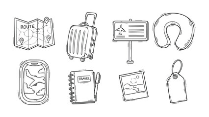 Journey Essentials: A collection of travel-related doodles showcasing a map, luggage, signage, neck pillow, window view, notebook, photograph, and luggage tag, essential elements for the perfect trip.