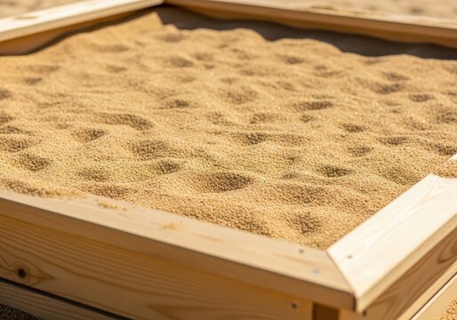 Close up view of fine golden sand filling a wooden sandpit under natural daylight, ready for building and sensory exploration activities, surface, wood, bright