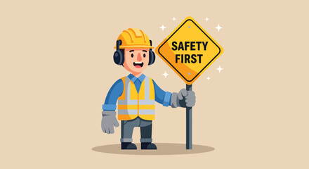 Construction Worker Holding Safety First Sign.