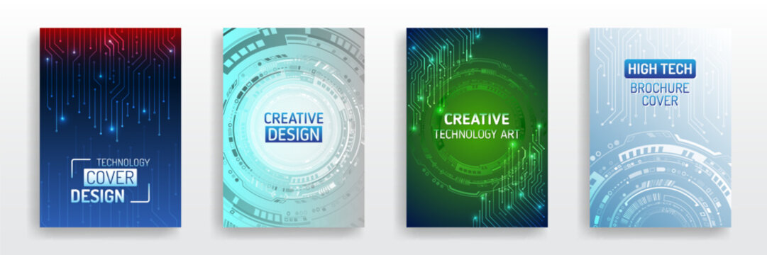 Set of futuristic technology brochure covers with glowing circuit lines and digital interface elements, perfect for creative design, high-tech branding, business presentations and innovation themes.