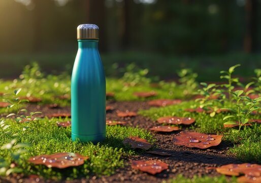 Environmentally friendly reusable stainless steel water bottle resting outdoors on the forest floor, promoting hydration and zero waste, environment, forest, simple