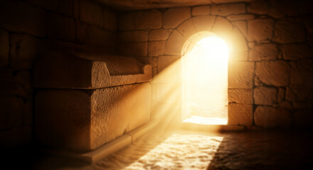 Easter sunday morning radiant light shining through ancient stone tomb entrance symbolizing resurrection and new life