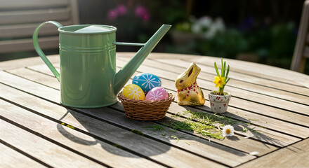 Happy easter sunday decorations with colorful eggs and watering can on wooden table