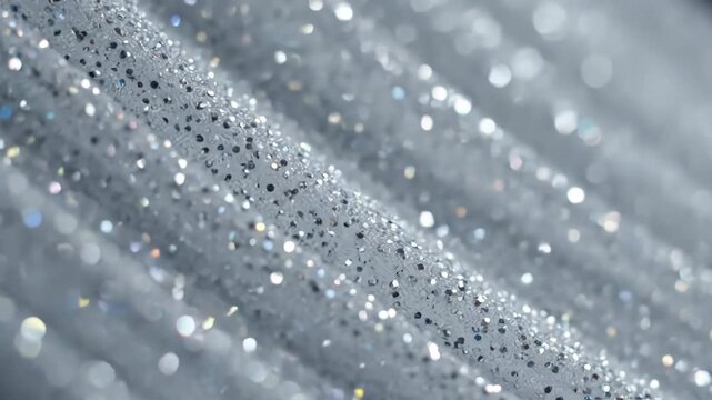 Sparkling silver fabric shimmers with tiny reflective particles.  The textured material creates a luxurious and elegant visual effect.